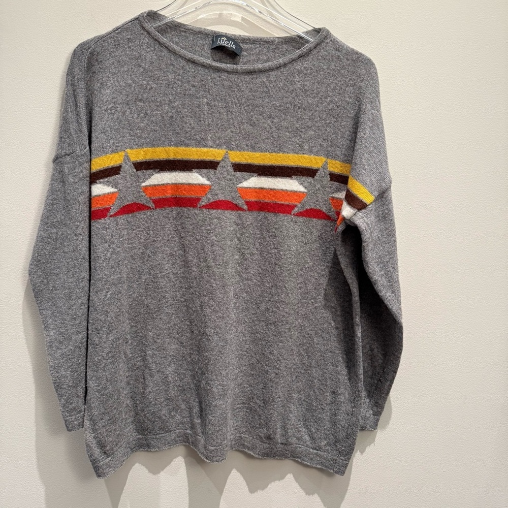 Luella Cashmere Gray Crewneck Sweater with Colorful Stars & Stripes One Size